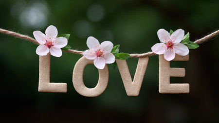 This enchanting image showcases a charming love decoration, featuring soft pink flowers paired with fabric letters against a blurred green backdrop. Perfect for romantic themes.の素材