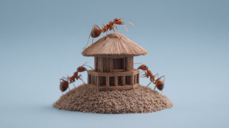 This imaginative image features ants constructing a miniature straw house on a sandy base, set against a calming blue background. The scene celebrates nature's builders with stunning detail.の素材