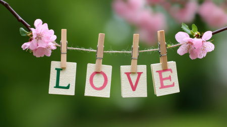 A delightful composition featuring the word "LOVE" hung with clothespins among delicate pink flowers, set against a serene green backdrop.の素材