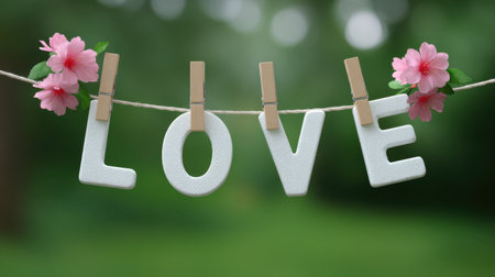 A delightful arrangement featuring the word "LOVE" adorned with pink flowers, elegantly hanging against a vibrant green backdrop, perfect for romantic themes.の素材