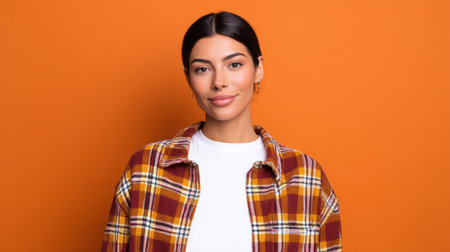 A stylish young woman showcases her confident smile against a vibrant orange backdrop, wearing a trendy checkered jacket and exuding modern aesthetic.の素材