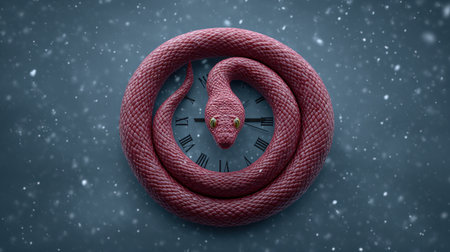 This striking image features a serpent artistically wrapped around a clock, symbolizing the passage of time and change. Snowfall adds a unique winter atmosphere.の素材