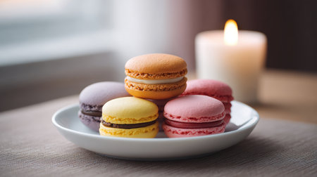 A delightful arrangement of colorful macarons on a white plate, set against soft ambient light from a candle. Perfect for dessert lovers and events.の素材