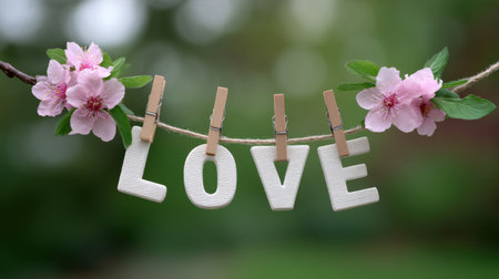 A beautiful arrangement featuring the word "love" in wooden letters, hanging on twine adorned with delicate pink flowers. Perfect for romantic themes.の素材