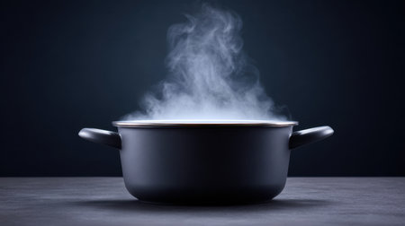 A sleek black cooking pot releases steam, creating a cozy and inviting atmosphere in a modern kitchen. Ideal for culinary visuals.の素材