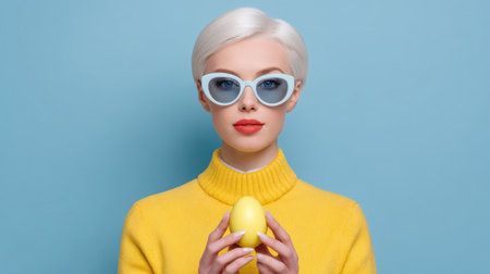 A fashionable woman with striking white hair wears chic sunglasses and a cozy yellow sweater. She holds a yellow egg, radiating playful energy against a vibrant blue background, embodying springtime cheer.の素材