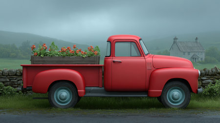 A striking vintage red pickup truck parked in a serene rural landscape, featuring a wooden planter filled with vibrant flowers, under a moody sky.の素材