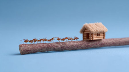 A whimsical scene featuring ants marching along a stick toward a tiny straw roof house on a light blue background, symbolizing teamwork and nature.の素材