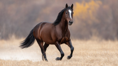 A stunning image of a brown horse galloping gracefully across an open grassland at sunset, showcasing natural beauty and vibrant autumn colors in the background.の素材