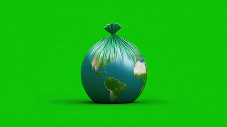 An imaginative depiction of a trash bag shape of the Earth symbolizes environmental issues, highlighting the need for sustainable waste management and awareness.の素材