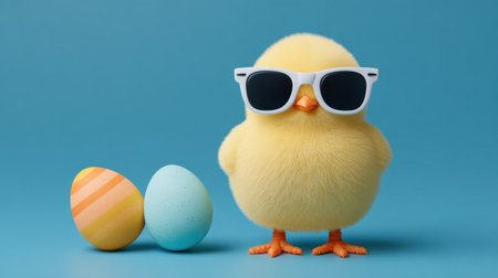 A delightful yellow chick wearing stylish sunglasses stands proudly next to beautifully colored Easter eggs, creating a fun and vibrant spring scene.の素材