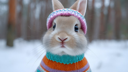 This charming image captures an adorable bunny dressed in a colorful sweater and hat, set against a snowy forest backdrop, evoking warmth and joy.の素材