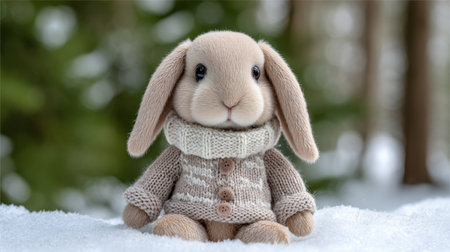A charming plush bunny dressed in a warm sweater sits in a snowy forest, evoking feelings of coziness and winter magic. Ideal for seasonal themes.の素材