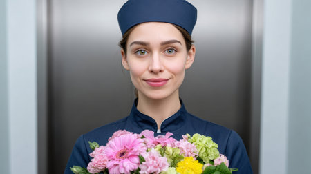 A professional female receptionist stands in a modern elevator holding a colorful bouquet of flowers, radiating warmth and hospitality, perfect for service-related themes.の素材