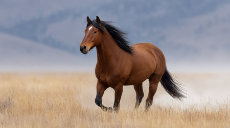 A majestic brown horse runs gracefully through a golden meadow, surrounded by misty landscapes, showcasing the beauty of nature and freedom.の素材