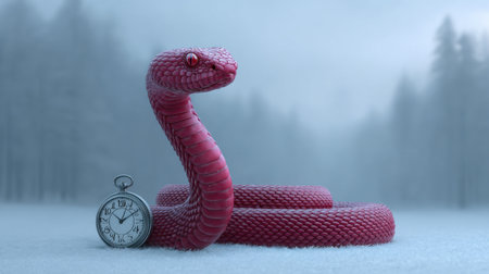 An eye-catching red snake gracefully coiled beside an antique pocket watch creates a surreal atmosphere in a fog-laden forest setting. The image evokes mystery and intrigue.の素材