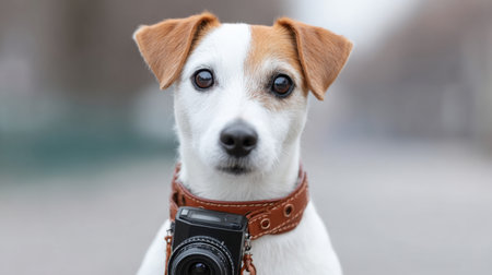 A charming dog poses with a vintage camera, showcasing its playful spirit. This delightful scene captures the essence of companionship and adventure in an urban setting.の素材
