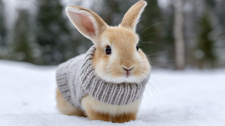 A charming bunny dressed in a cozy sweater poses in a snowy landscape, surrounded by soft white snow and blurred trees, embodying winter's beauty.の素材