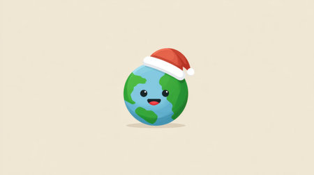 This cheerful cartoon illustration features a smiling Earth character donning a festive Santa hat, perfect for holiday designs and educational themes.の素材