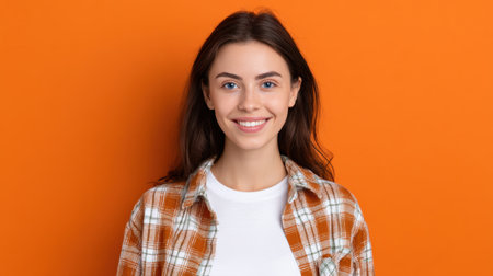 This image features a cheerful young woman smiling against a vibrant orange background, wearing a casual plaid shirt. Her bright expression exudes confidence and warmth, perfect for themes of happiness and lifestyle.の素材