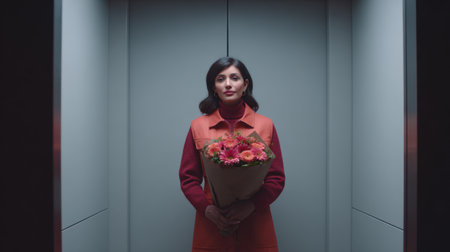 A stylish woman stands in a chic elevator, holding a vibrant bouquet of flowers. The soft lighting and contemporary design create a serene atmosphere, showcasing beauty and elegance.の素材