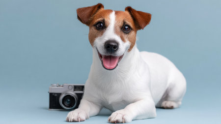 This charming image features a happy dog lying beside a camera on a blue background, evoking feelings of joy and playfulness in pet lovers.の素材