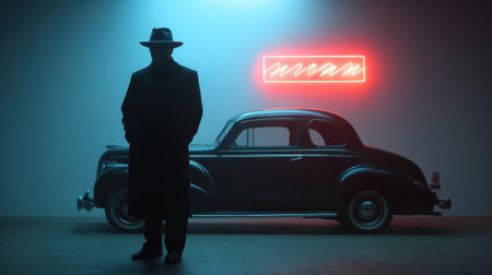 A captivating scene featuring a mysterious figure in a trench coat standing beside a vintage car illuminated by neon light, evoking a sense of intrigue and nostalgia.の素材