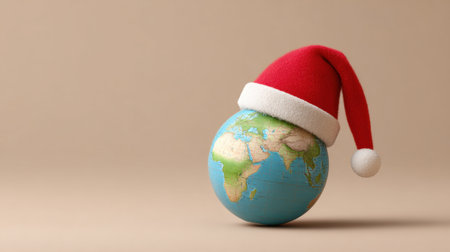 This imaginative image features a globe adorned with a festive Santa hat, conveying a sense of global celebration during the holiday season.の素材
