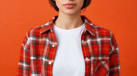 A captivating portrait of a young woman with short hair, confidently dressed in a red plaid shirt against a vibrant orange background, radiating style and charm.の素材