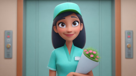 A charming animated character in scrubs carries a lovely flower bouquet in a bright hospital elevator. The scene radiates warmth and positivity, emphasizing care.の素材