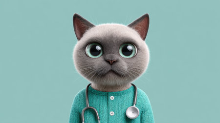 This charming cartoon cat veterinarian features big eyes and a playful expression, wearing scrubs and a stethoscope against a mint green background.の素材