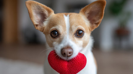 A charming small dog holds a red heart toy in its mouth, embodying joy and companionship in a warm indoor setting. This heartwarming image captures love and affection.の素材