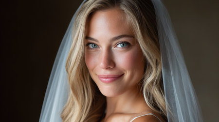 This stunning portrait captures a beautiful bride with a radiant smile and soft light enhancing her features. The elegant veil adds a touch of romance.の素材