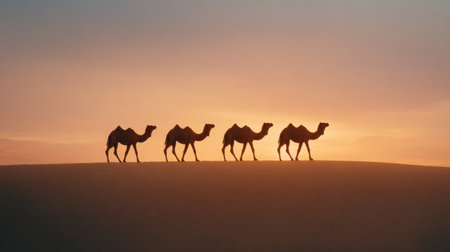 Four camels walk gracefully across a sand dune, silhouetted against a stunning sunset sky, creating a captivating and tranquil desert scene.の素材