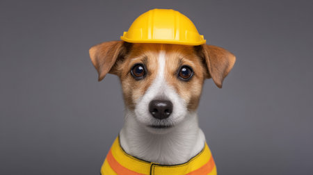 This adorable dog showcases a charming expression while wearing a yellow hard hat and a safety vest, perfect for construction-themed designs.の素材
