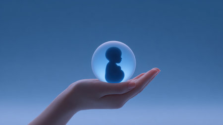A serene image depicting a hand cradling a transparent sphere containing the silhouette of a fetus, set against a tranquil blue backdrop.の素材
