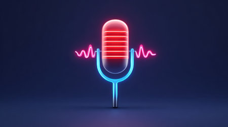 This stunning neon microphone design features vibrant colors and sound waves, perfect for themes of music production, podcasting, or audio technology.の素材