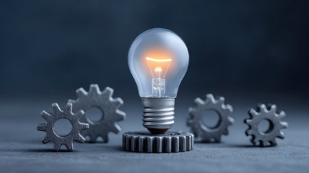 A glowing light bulb sits atop a metal gear arrangement, symbolizing innovation and creative ideas in technology and business. The sleek design and dark background enhance the focus on the brightness of the light bulb, representing illumination in problem-solving and progress.の素材