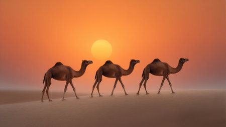 A tranquil scene of three camels walking gracefully across soft desert sands at sunrise, capturing the essence of adventure and natural beauty in the wilderness.の素材