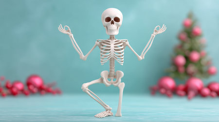 A whimsical skeleton strikes a yoga pose against a colorful background adorned with holiday decorations, blending fun with festive cheer perfect for seasonal creativity.の素材
