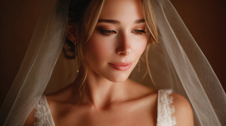 This intimate portrait of a bride showcases her natural beauty along with elegant styling. The soft lighting and delicate veil create a serene atmosphere, perfect for wedding photography.の素材