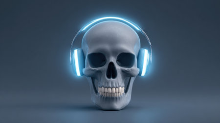 A striking digital artwork featuring a skull wearing glowing headphones, representing the fusion of music and technology. Perfect for creative projects.の素材