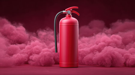 A red fire extinguisher stands prominently amidst a swirling cloud of pink smoke, creating a striking visual effect for safety and emergency themes.の素材