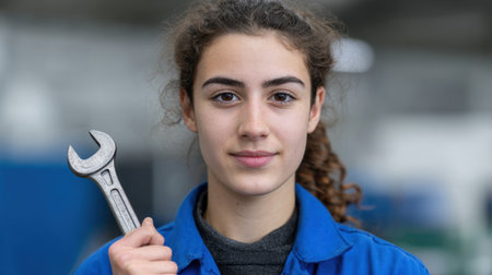A young female mechanic displays confidence while holding a wrench in an industrial environment, showcasing her skills and determination in a traditionally male-dominated field.の素材