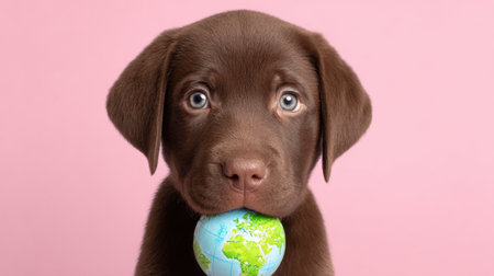 An adorable brown puppy holds a small globe in its mouth against a soft pink background, representing love for pets and our planet's beauty.の素材