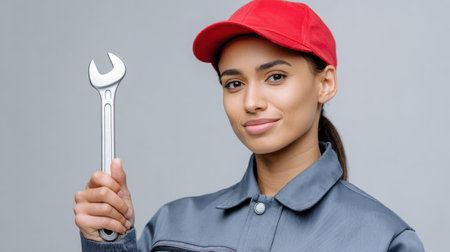 A confident female mechanic stands against a light background, holding a wrench and showcasing her skills in a professional manner.の素材