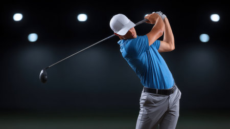 A professional golfer demonstrating a powerful swing in an indoor practice setting. Bright lights illuminate the focused action, showcasing dedication and skill in the sport.の素材