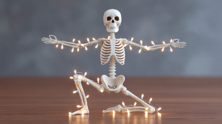 A whimsical skeleton figure playfully posed with twinkling fairy lights adorning its arms, providing a festive and lighthearted decor element suitable for various occasions.の素材