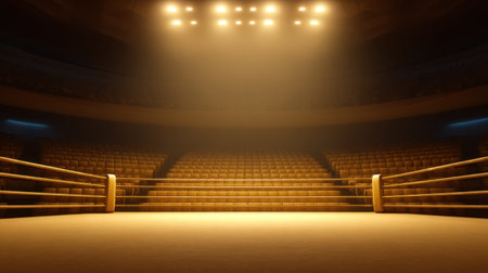 An empty boxing ring set in a dimly lit arena, showcasing dramatic lighting and vacant seats, captures the anticipation for an upcoming sports event.の素材