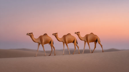 Three camels walk gracefully across an undulating sand dune, silhouetted against a stunning sunset sky adorned with soft pink and purple hues, evoking a sense of tranquility.の素材